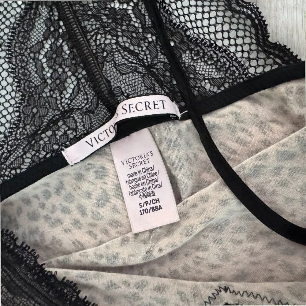 VICTORIA'S SECRET Leopard Print Black Lace Nightgown Chemise Slip Lingerie S